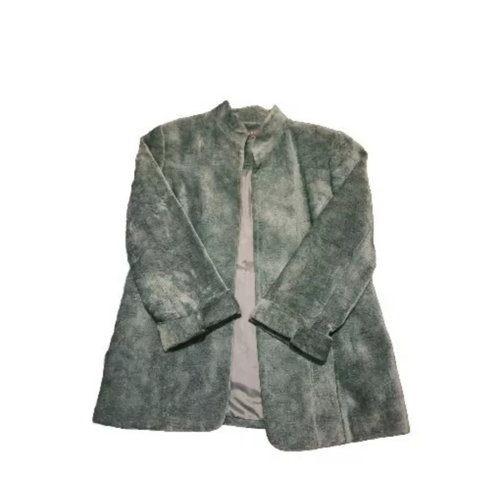 Vtg Koret Green Open Blazer Jacket  10 Velour Textured Long Sleeve Shoulder Pads